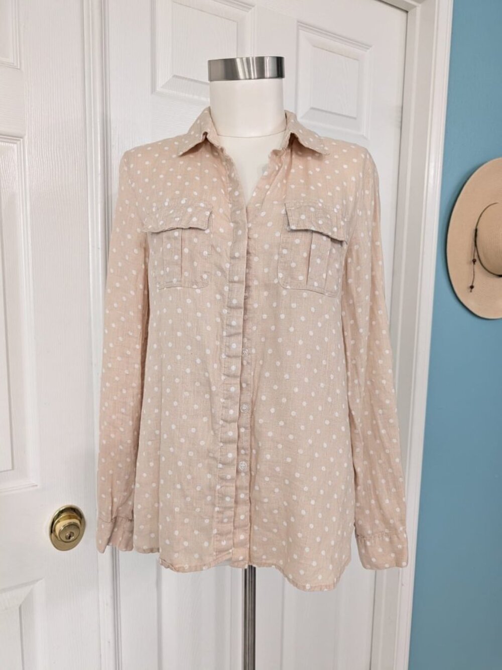 Charter Club Luxury 100% Linen Button Front Top Roll Sleeve Shirt Poka Dot S M/8
